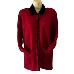 Norton McNaughton Vintage Red Cardigan Sweater with Black Velvet Trim